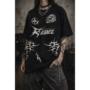 Rebel Vengeance Graphic Tee XL Black Skull Tribal Y2K Punk Grunge Oversized